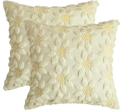 Artoid Mode Beige Sonnenblumen Weich Künstliche Pelz Jacquard Kissenbezüge 2er Set, 45x45 cm Frühling Plüsch Samt Sofakissen Zierkissenbezug Deko