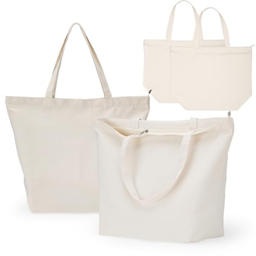 Einfa Bolsa Tela Cremallera - 2 Piezas Bolsos Tote de Lona Beige - 50×40×20cm XL Tote Bag con Cremallera - Bolso Shopper para Viajes Casuales Almacenamiento