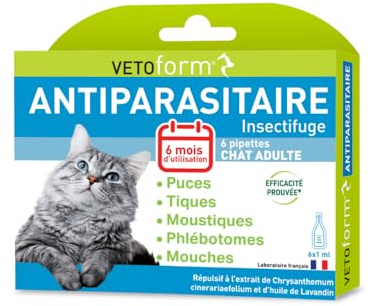 VETOFORM - Pipettes Antiparasitaires Chat Adulte Pack ECO - 6x1ml | Anti-Puces & Anti-Tiques, 6 Pipettes en Application Spot-on, 6 mois d'Action Répulsive et Fabriqué en France