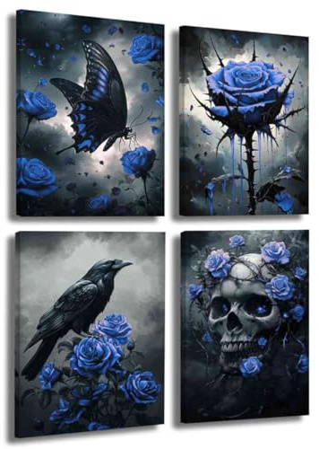 LZIMU 4 teiliges gotisches romantisches Rosenbild Rabe Krähe Schmetterling Totenkopf Leinwanddruck dunkles Gothic Horror Ästhetik Poster Schwarz Weiß Gemälde Halloween (Blau, (20x30cmx4 Teilig))