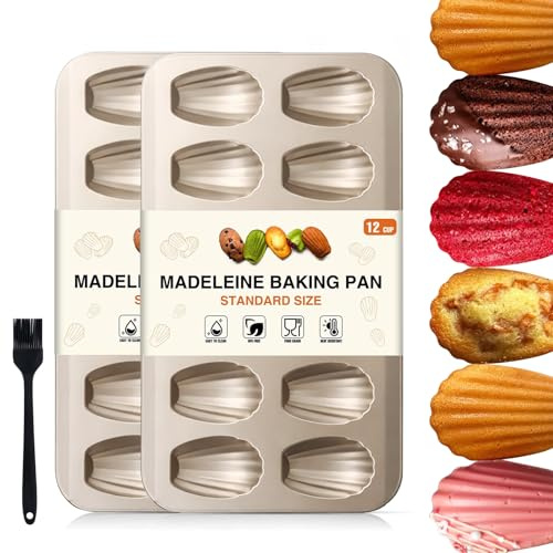 OAMCEG Madeleines Backform 2 Stück, 12 Mulden Madeleine Form (Gold) | Antihaftbeschichteter Kohlenstoffstahl, Backformen mit Backpinsel, Für Ofen Backen, Madeleines, Schokolade, Brownies Kekse