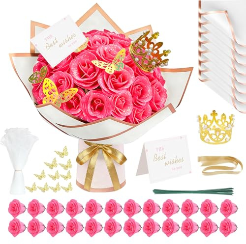 SciFiVisi 24 Stück Glitzer-Rosenstrauß, Rosa Glitzer Rosen Bouquet, Künstliche Rosensträuße mit Krone Postkarte, DIY Blumenstrauß Gefälschte für Valentinstag Hochzeit Verlobung Geburtstag