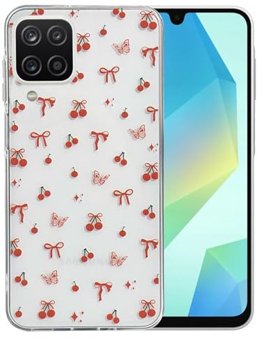 Skyhewen Samsung Galaxy A12 Case, Clear Cute Red Bow Shockproof Phone Case for Samsung Galaxy A12 5G, Soft Slim Transparent TPU Silicone Protective Cover for Women Girls, Cherry Butterfly