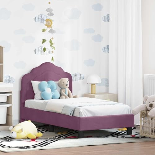 Runheo Kinderbettgestell mit Kopfteil, Lila Samt, 70 x 140 cm, Robustes Holzwerkstoff, Moderne Plattform Bett, Stauraumtaschen, langlebiges Möbelstück für Schlafzimmer