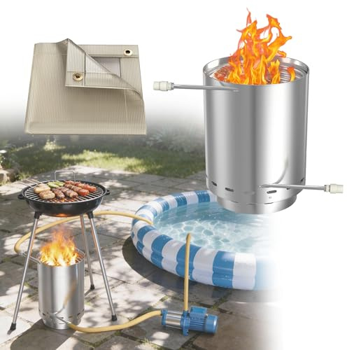 UISEBRT Poolheizung mit Feuer.Holz Feuertonne mit Heizspirale Ø 32/38 mm Anschluss, Poolofen Heizungen aus 100% Edelstahl, Pool Heizung Beheizt Feuer Eimer für Schwimmbäder