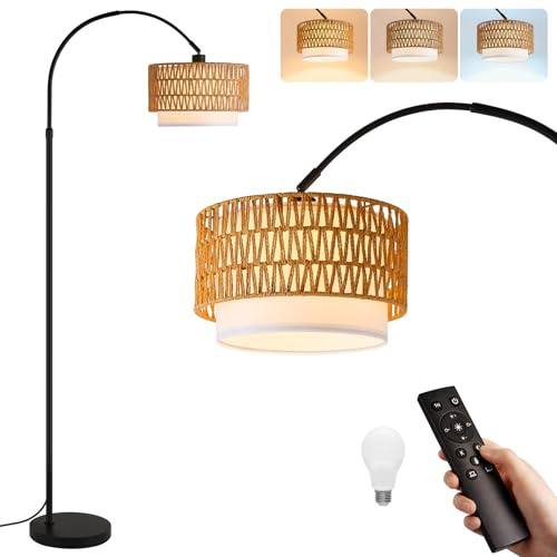 Woiledlt Bogenlampe boho dimmbare Stehlampe Wohnzimmer 350° drehbar | Stehleuchte bogen mit Rattan Lampenschirm schwarz Bogenleuchte mit Fernbedienung und LED-Glühbirne Leselampe für Schlafzimmer