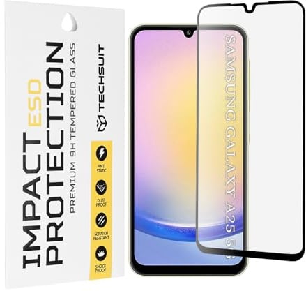 Techsuit Displayschutzfolie für Samsung Galaxy A25 5G Gehärtetes Glas mit Antistatisch, Staubabweisend, Vollständige Abdeckung, Stoßschutz, Oleophobe Beschichtung, Anti Fingerabdruck, ESD