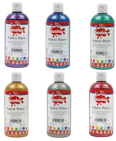 Scola Textile Fabric Paint, 6 Assorted Metallic Colours, 300ml Bottles, School Supplies, Art and Crafts Projects, Children's Craft Projects, For Kids
