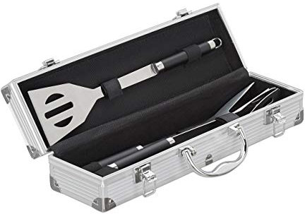 Relaxdays Grillbesteck Set, Profi, Edelstahl 3-teilig, Koffer, hochwertig, Grillzange, Grillgabel, Grillwender, silber
