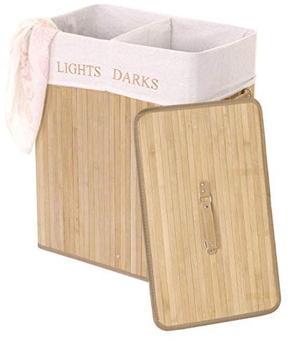 Wäschekorb HWC-C21, Laundry Wäschebox Wäschesammler Wäschebehälter, Bambus 2 Fächer 63x55x34cm 100l - naturfarben