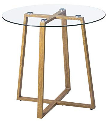 H.J WeDoo Mesa de Comedor Redonda Mesa de Cristal Estilo Escandinavo Patas de Metal Imitación Madera Templado Cristal 80 * 75 cm