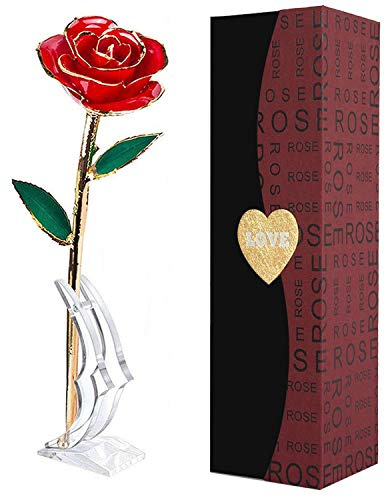 Rose trempée en Or, 24 carats avec Support Transparent, véritable Rose éternité à Longue Tige, idéale pour Maman, épouse, Petite Amie, Anniversaire, fête des mères, Anniversaire, Saint-Valentin
