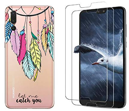 NOVAGO Compatible con Huawei P20 Pro - Combo Funda Gel de Silicona + 2 Protectores de Pantalla de Vidrio Templado (Plumas # 1)