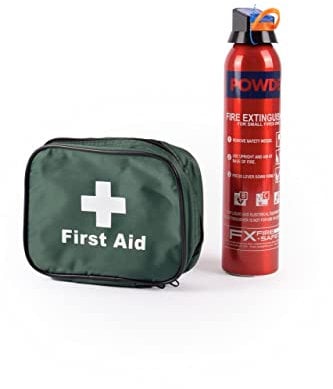 UKB4C First Aid Kit & 600g Small Car Fire Extinguisher Pair Kit - Ideal for Travel for Cars, Home, Office, Taxi, Caravan