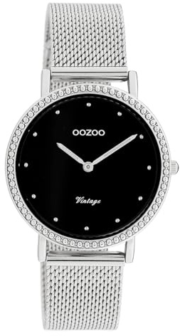 Oozoo Vintage Damenuhr mit Edelstahl Milanaiseband 34 MM Schwarz/Silberfarben C20052