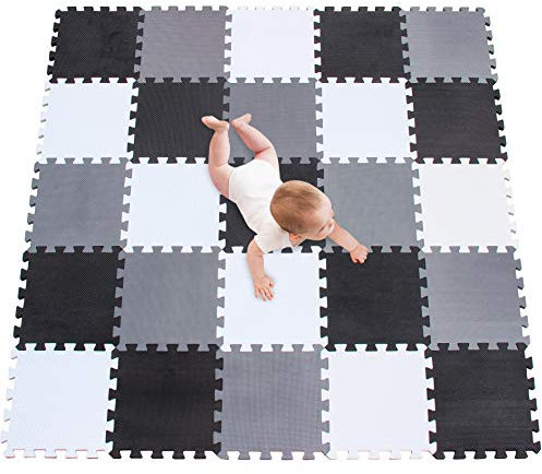 meiqicool Puzzlematte Spielmatte Spielteppich Schaumstoff Puzzle Kinderteppich Boden Puzzle kriechen Play Spiel Matte für Baby Kinder,Kleinkind sicher zu verwenden Schwarz-weiß-grau 25 PCS ADL