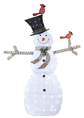 Alpine Corporation 74 (Over 6 Feet Tall) Outdoor Mesh Snowman Yard Decor with Red Birds and 100 Cool White LED Lights, Christmas Holiday Lighted Sculpture