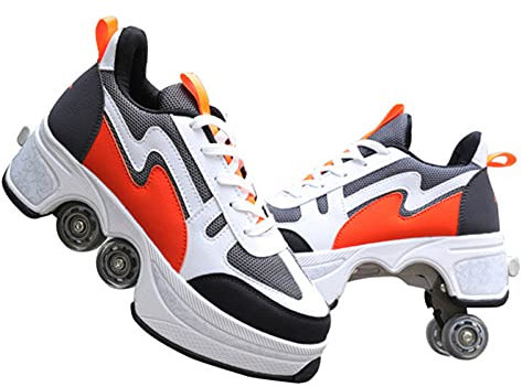 JTKDL Rollschuh Roller Skates Lauflernschuhe,Sneakers,2in1 Mehrzweckschuhe Schuhe Mit Rollen Skateboardschuhe,Inline-Skate,Verstellbare Quad-Rollschuh Stiefel Skateboardschuhe,Orange-39