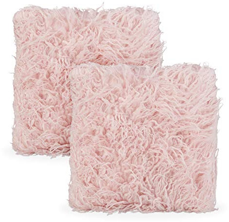 Relaxdays Flauschige Kissen 2er Set, mit Füllung, kuschelweich, Fluffy Zottel Bezug, Plüsch Zierkissen 35x40 cm, rosa