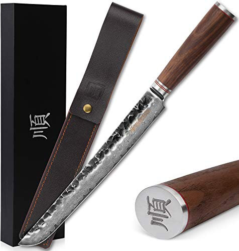 YOUSUNLONG Couteau Max Sakimaru 280mm Sashimi Sushi Yanagiba Couteau - Damas japonais martelé en acier inoxydable à haute teneur en carbone - Manche en noyer avec cuir avec boîte-cadeau