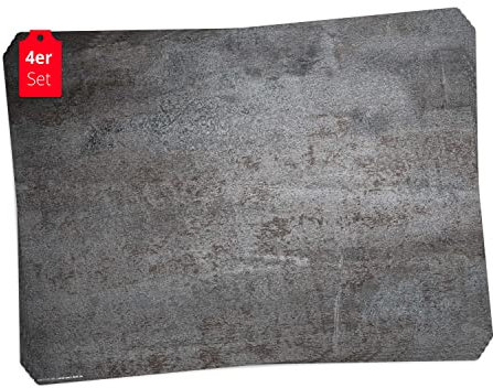Tischset | Platzset abwaschbar - Stahlplatte Metalloptik - 4 Stück aus erstklassigem Vinyl (Kunststoff - BPA-frei) - rutschfeste Tischunterlage mit zeitlosem Design - Tischmatte - Made in Germany