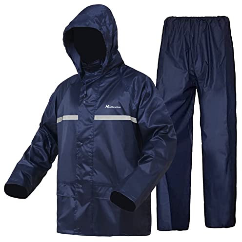 Combinaison de pluie légère et imperméable pour homme et femme, veste + pantalon avec capuche coupe-vent (M, Bleu Marine)