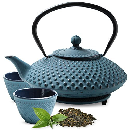 Tealøv TEEKANNE GUSSEISEN SET 1,25 LITER IN GESCHENKBOX | Komplettes Teeservice aus Gusseisen | Gusseiserne Teekanne mit Siebeinsatz, Teetassen & Untersetzer | Teeset im Japanischen Stil | Blau