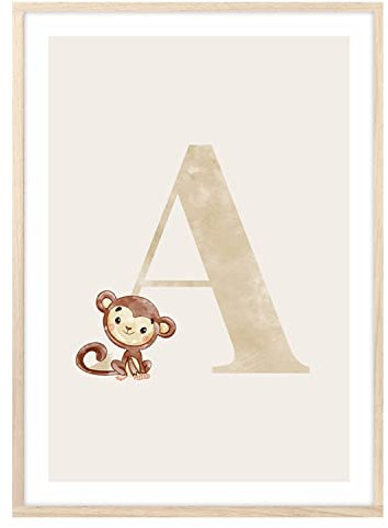 MeinBaby123® Buchstaben Poster DIN A4 Kinderzimmer Mädchen und Junge | Babyzimmer Deko | Bilder Kinderzimmer | Geschenkideen zur Geburt | Anfangsbuchstabe A (süßer Affe)