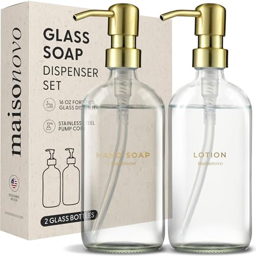 MaisoNovo Bathroom Soap and Lotion Dispenser Set of 2, 500ml Clear Glass Soap Dispenser Golden Pumps With Labels