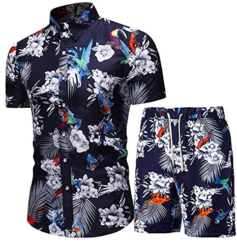 TYwm Strandshirt Herren Leichte Badeshorts Sommer Kurzarm Schnelltrocknende Surf Shorts Set Herren Slim Fit Gewaschene Shorts Mit Taschen Hawaii Druck Kentkragen Hemd Herren A13 3XL