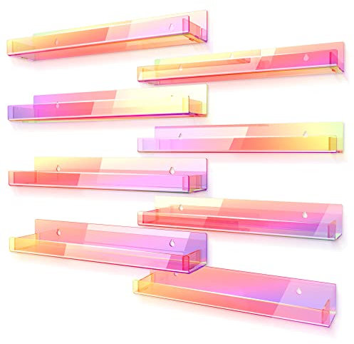RORKIM 8 Stück 38,1 cm schillernde Acryl-Regale, klares Regenbogen-Kinder-schwebendes Bücherregal für Kinderzimmer, moderne Sonnenbrillen, ätherisches Öl, Bilderleiste, Display, Spielzeugaufbewahrung,