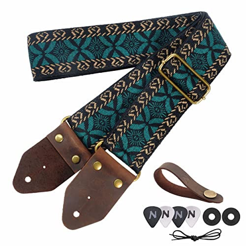 Nefelibata Gitarrengurt, 2 Jacquard-Stickerei Baumwolle Gitarrengurte mit Crazy Horse Leder Enden für Bass, elektrische & akustische, Geschenke für Kinder, Gitarristen (Stickerei Grün)