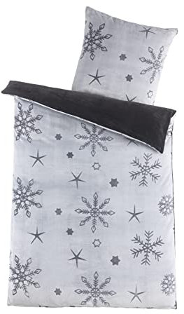 BaSaTex Plüsch Winter Bettwäsche Flausch Bettgarnitur Laserdruck Schneeflocke Cashmere Touch | 135x200 cm + 80x80 cm | Farbe Anthrazit Grau