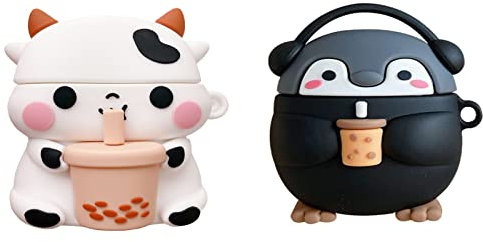 [2 Stück] CASEVERSE für Airpod Pro Hülle, Milchtee, Kuh, Pinguin, lustiges 3D-Cartoon-Schutz-Anime-Design für Airpods Pro Silikonhülle für Mädchen und Jungen