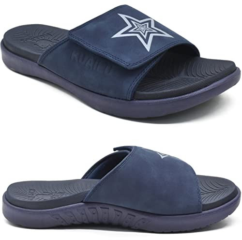 KuaiLu Mens Orthotic Slides Soft Cushion Sport Sandals with Plantar Fasciitis Arch Support Adjustable Open Toe Summer Slippers Slip on Indoor Outdoor Dark Blue Size 8.5