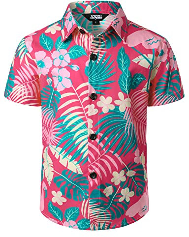 JOGAL Chemise hawaïenne à manches courtes pour garçon en coton pour l'été et les loisirs pour enfants, Flamant rose, 12 ans