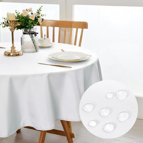 DWCN Weiß Tischdecke Rund 150cm,Fleckschutz Abwaschbar Tischdecke Weihnachten Tischtuch für Esszimmer,Garten,Party,Hochzeiten oder Haushal