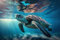 adrium Acryl-Bild 110 x 70 cm: Nahaufnahme einer wilden Schildkröte, die über einem wunderschönen natürlichen Meereshintergrund schwebt, mit Sonnenlicht (199629790)