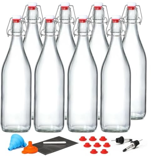 8 Pack [1 L / 33 fl. oz.] Swing Top Glass Bottles w/ Airtight Stopper Lids – Flip Top Brewing Bottle for Fermentation, Kombucha, Mead, Vinegar, Beer, Kefir, Wine, Soda – With 8 Extra Seals & 2 Pourer