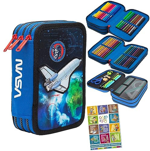Goldkids Federtasche 3-fache Federmappe Colorino NASA Federmäppchen 46-teilig gefüllte Schüleretui Stifte und Pinsel inkl. Aufgabenheft Federbox Etui Stiftetasche Schlamper-Etui Schul-Etui