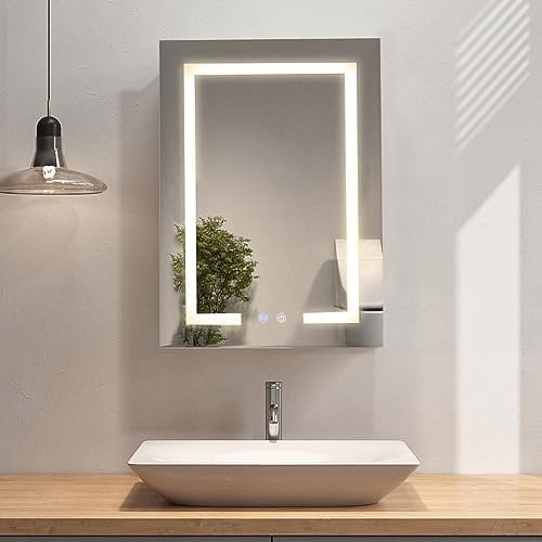 Warmiehomy Bathroom Mirror Cabinets with LED Lights,450x600mm 3 Color Illuminated Bathroom Mirror Cabinet with Shaver Socket Touch Switch Demister Pad