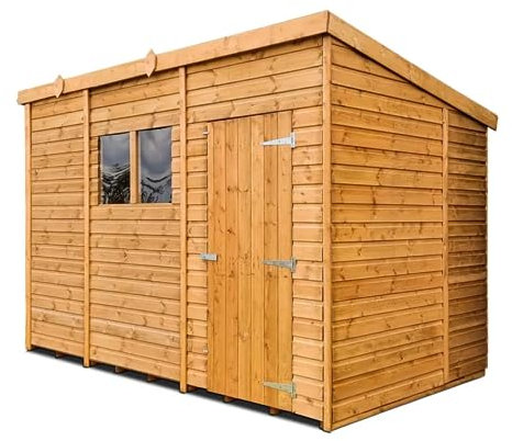 Sheds to Last - High Grade Premium Pent Roof Garden Wooden Shed (10ft x 6ft) - Single Door, 2 Windows Perfect For Outdoor Storage, Workshop Or A Garden Office. Includes 5 Litre Oak Wood Treatment