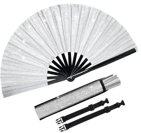 Fumwase Glitter Large Rave Fan Rave Hand Fan for Men Women Rave Accessories for Women with Leg Strap and Fabric Case Bag for Music Festival Weddings Performance Decoration (Silver)