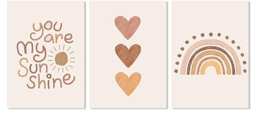 Canssape Wandkunst-Dekor, Set mit 3 Stück, Boho-Schlafzimmer-Dekor, You Are My Sunshine, Regenbogen-Poster, Drucke, 40,6 x 61 cm, Liebesherz, Gemälde, Bilder, Kinder-Wandkunst für Baby,