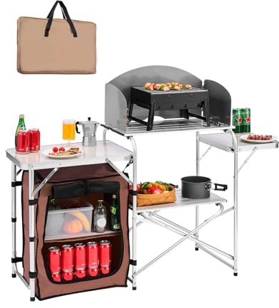 VEVOR Camping Kitchen, Folding Outdoor Table with Storage Carrying Bag, Aluminum Cook Station 1 Cupboard & Detachable Windscreen Quick Set-up for Picnics, BBQ, RV Traveling, Brown