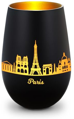 GRAVURZEILE Deko Windlicht aus Glas mit Gravur - Skyline Paris - Hochwertige 360° Lasergravur - Dekoratives Geschenk als Andenken, Souvenir oder für Sammler zum Geburtstag - Farbe: Schwarz/Gold