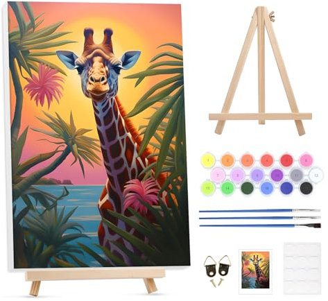 GHHKUD Peinture par Numéros pour Adulte avec chevalet en bois, DIY Peinture Acrylique pour Adultes Enfants débutants Facile sur Toile 30×40 cm avec peintures et pinceaux, girafes
