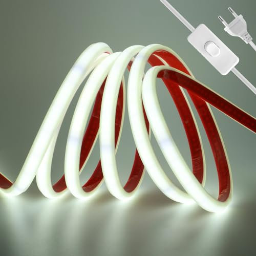 Wisada Anschluss an AC220-240V COB Streifen Selbstklebend mit ON/OFF Schalter, 1M 240LEDs/m Superhell Flexible FCOB LED Band (Schnitt alle 10cm), IP65 Kaltweiß LED Leuchtband für Weihnachten