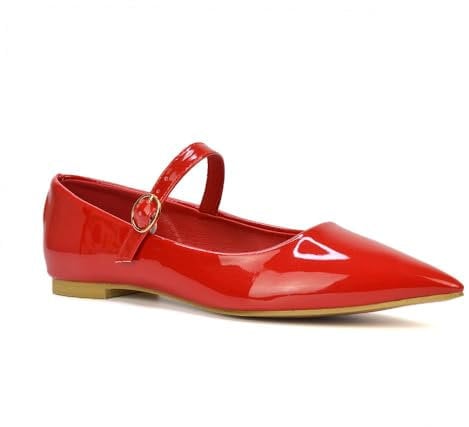 Women's Flat Mary Jane Shoes Ladies Buckle Strap Point Toe Red Patent Ballet Pumps Size 7