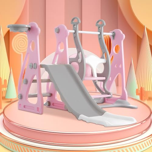 BTM 4 en 1 Toboggan pour Enfants, Toboggan pour Enfants avec Cages d'Escalier, Balançoire, Panier de Basket-Ball pour Bébé Intérieur & Extérieur, Maison de Jeux Jardin pour Bébé